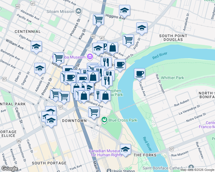 map of restaurants, bars, coffee shops, grocery stores, and more near 280 Waterfront Drive in Winnipeg