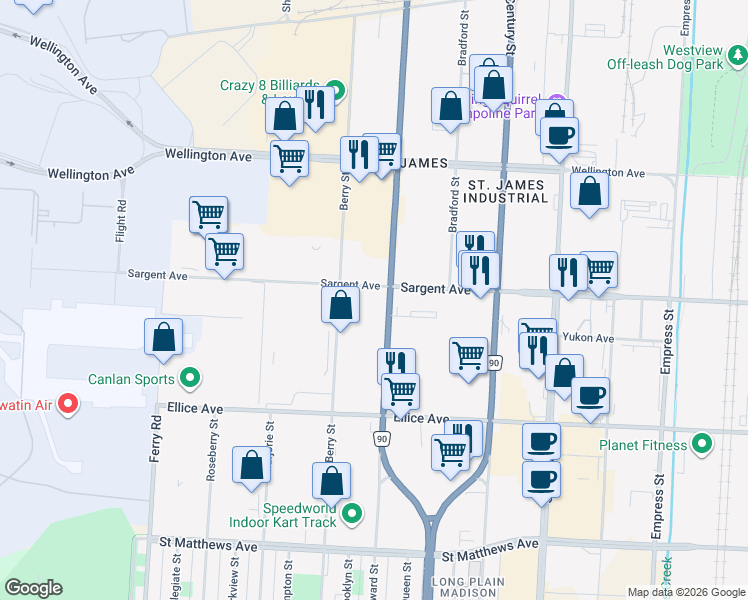 map of restaurants, bars, coffee shops, grocery stores, and more near 1770 Sargent Avenue in Winnipeg