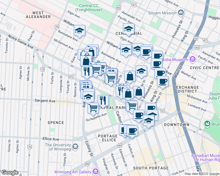 map of restaurants, bars, coffee shops, grocery stores, and more near 406 Notre Dame Avenue in Winnipeg
