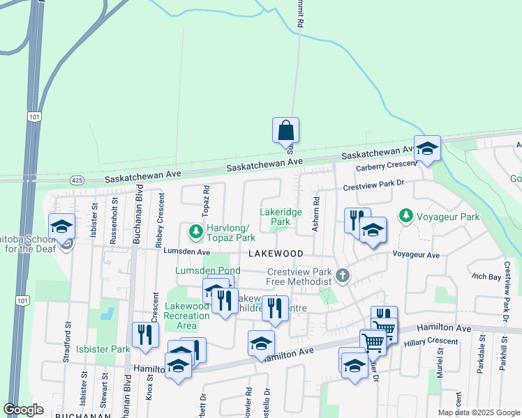 map of restaurants, bars, coffee shops, grocery stores, and more near Lake Ridge Road in Winnipeg
