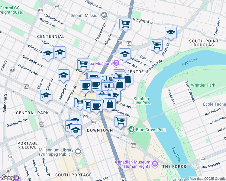 map of restaurants, bars, coffee shops, grocery stores, and more near 166 Bannatyne Avenue in Winnipeg