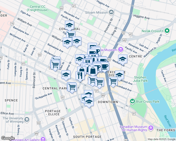 map of restaurants, bars, coffee shops, grocery stores, and more near 87 Princess Street in Winnipeg