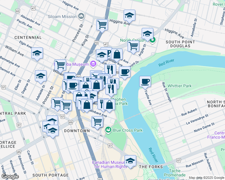 map of restaurants, bars, coffee shops, grocery stores, and more near 280 Waterfront Drive in Winnipeg