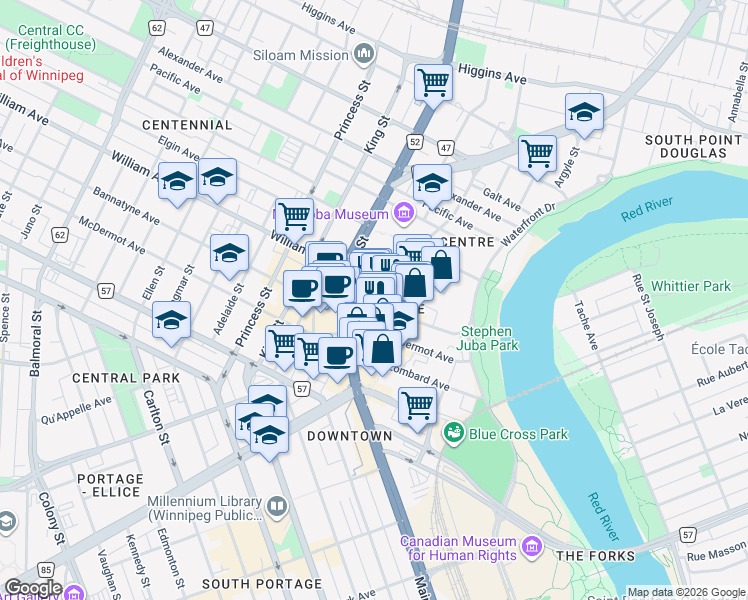 map of restaurants, bars, coffee shops, grocery stores, and more near 179 Bannatyne Avenue in Winnipeg