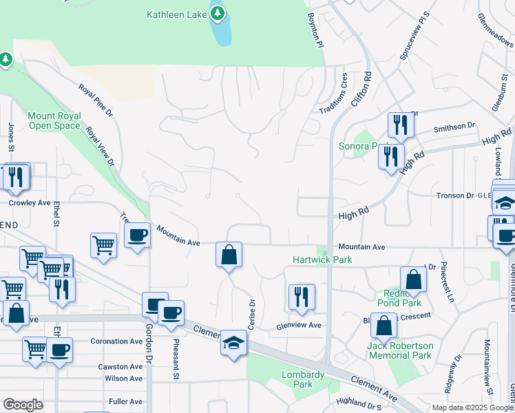map of restaurants, bars, coffee shops, grocery stores, and more near 941 Montcalm Drive in Kelowna
