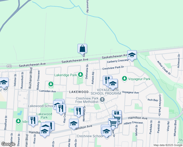 map of restaurants, bars, coffee shops, grocery stores, and more near 58 Ashern Road in Winnipeg