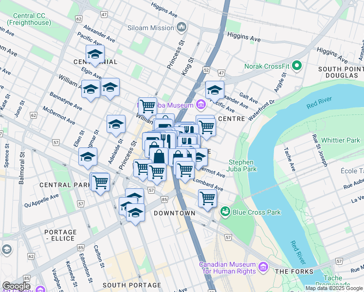 map of restaurants, bars, coffee shops, grocery stores, and more near in Winnipeg