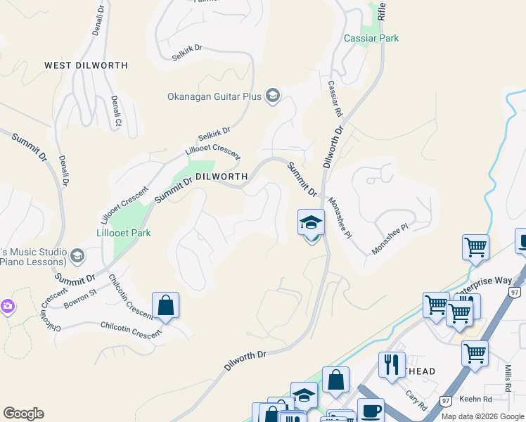 map of restaurants, bars, coffee shops, grocery stores, and more near Purcell Court in Kelowna