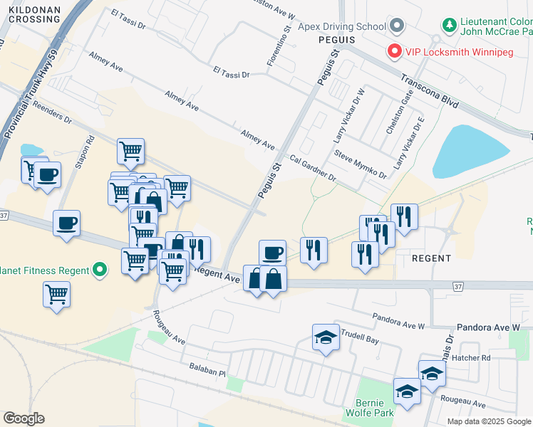 map of restaurants, bars, coffee shops, grocery stores, and more near 328 Peguis St in Winnipeg