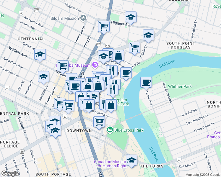 map of restaurants, bars, coffee shops, grocery stores, and more near 280 Waterfront Drive in Winnipeg