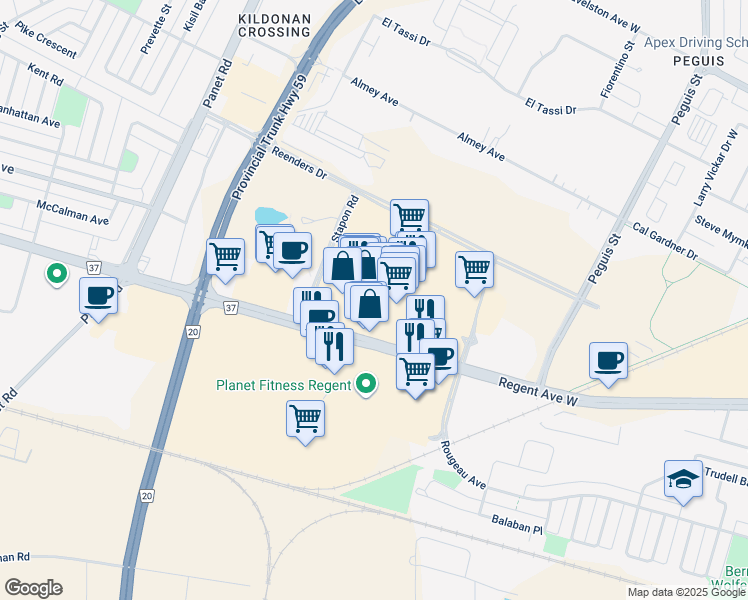 map of restaurants, bars, coffee shops, grocery stores, and more near 1821 Wellington Avenue in Winnipeg