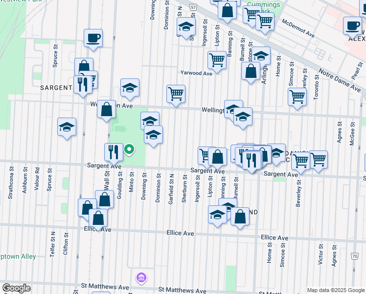 map of restaurants, bars, coffee shops, grocery stores, and more near 952 Sherburn Street in Winnipeg