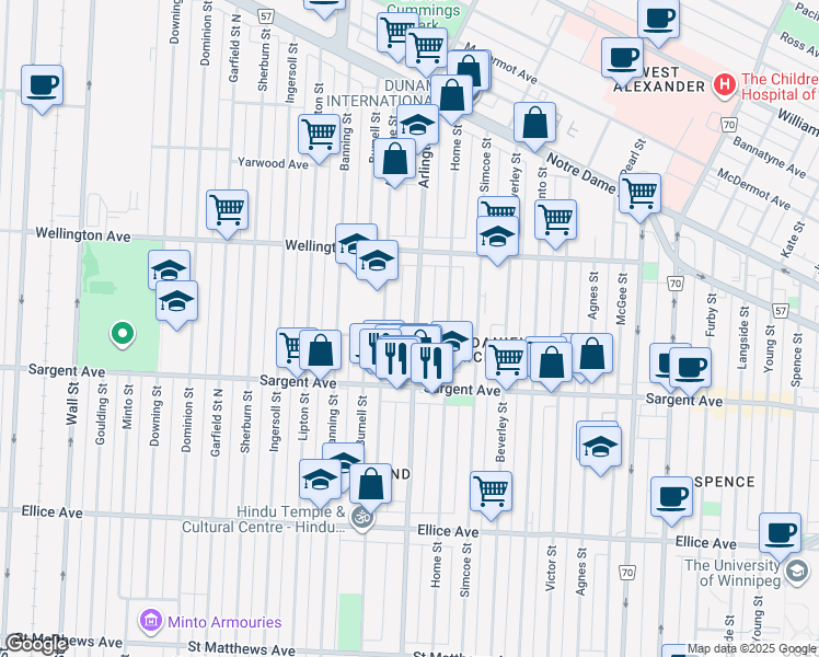 map of restaurants, bars, coffee shops, grocery stores, and more near 702 Arlington Street in Winnipeg