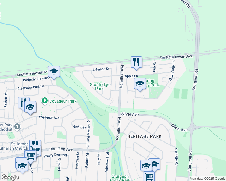 map of restaurants, bars, coffee shops, grocery stores, and more near 34 Sonnichsen Place in Winnipeg