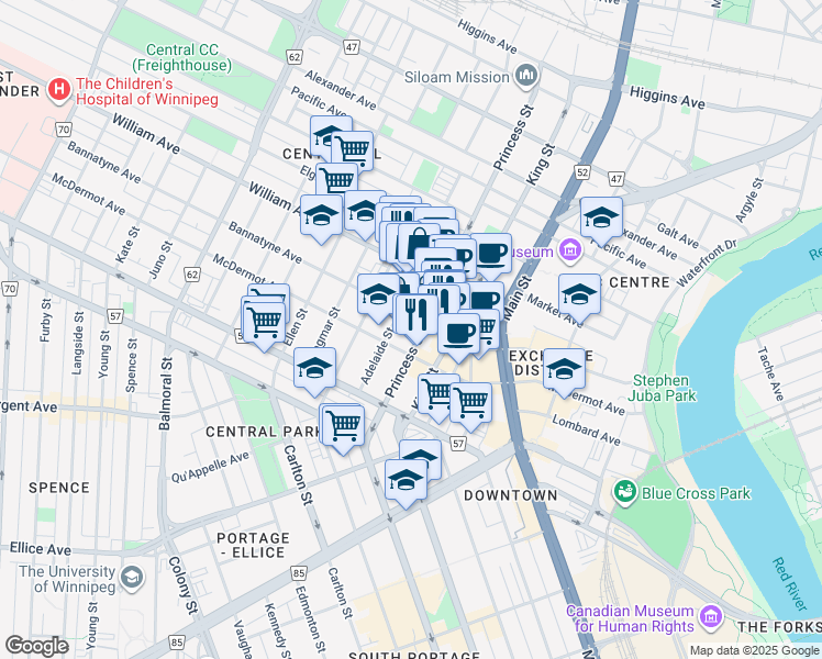 map of restaurants, bars, coffee shops, grocery stores, and more near 125 Adelaide Street in Winnipeg