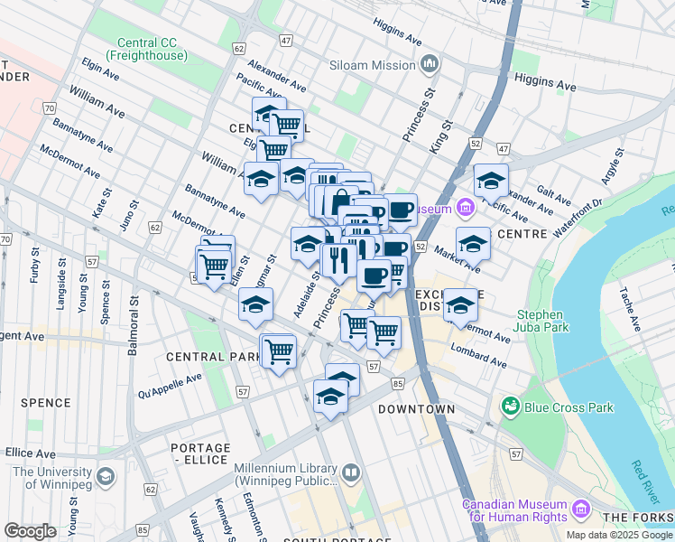 map of restaurants, bars, coffee shops, grocery stores, and more near 125 Adelaide Street in Winnipeg