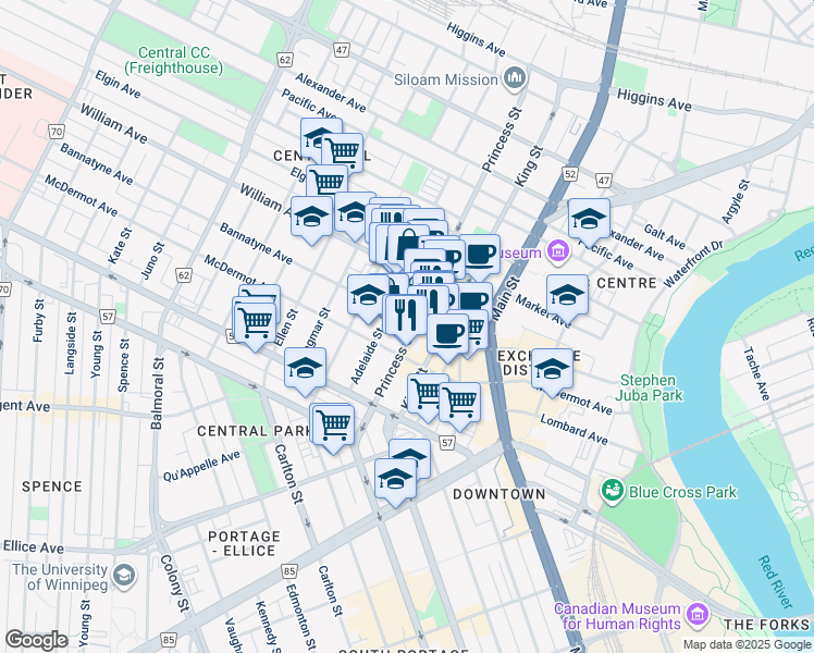 map of restaurants, bars, coffee shops, grocery stores, and more near 125 Adelaide Street in Winnipeg