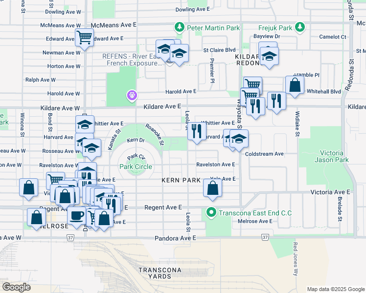 map of restaurants, bars, coffee shops, grocery stores, and more near 715 Leola Street in Winnipeg