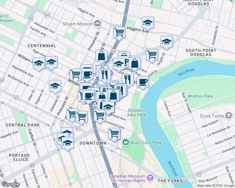 map of restaurants, bars, coffee shops, grocery stores, and more near 128 Market Avenue in Winnipeg