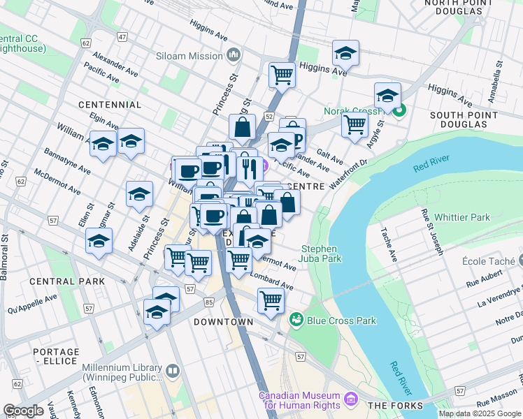 map of restaurants, bars, coffee shops, grocery stores, and more near Market Avenue in Winnipeg