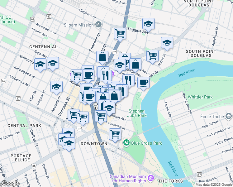 map of restaurants, bars, coffee shops, grocery stores, and more near 139 Market Avenue in Winnipeg