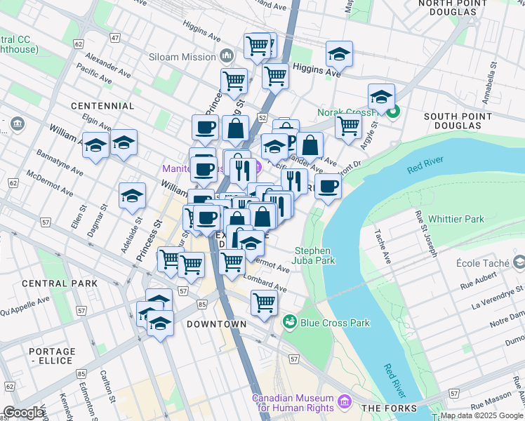 map of restaurants, bars, coffee shops, grocery stores, and more near 139 Market Avenue in Winnipeg