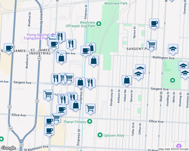 map of restaurants, bars, coffee shops, grocery stores, and more near 1127 Sanford Street in Winnipeg
