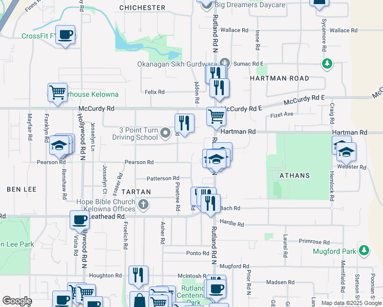 map of restaurants, bars, coffee shops, grocery stores, and more near 182 Pearson Road in Kelowna