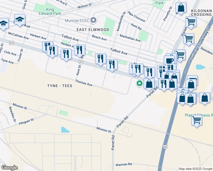 map of restaurants, bars, coffee shops, grocery stores, and more near 10 Keenleyside Street in Winnipeg