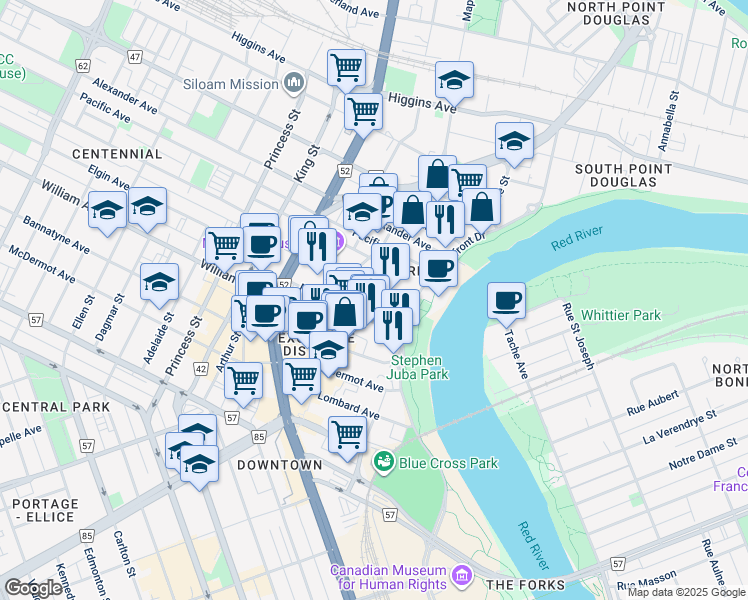 map of restaurants, bars, coffee shops, grocery stores, and more near 109 James Avenue in Winnipeg