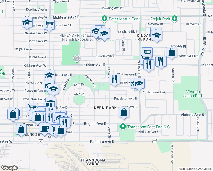 map of restaurants, bars, coffee shops, grocery stores, and more near 429 Harvard Avenue East in Winnipeg