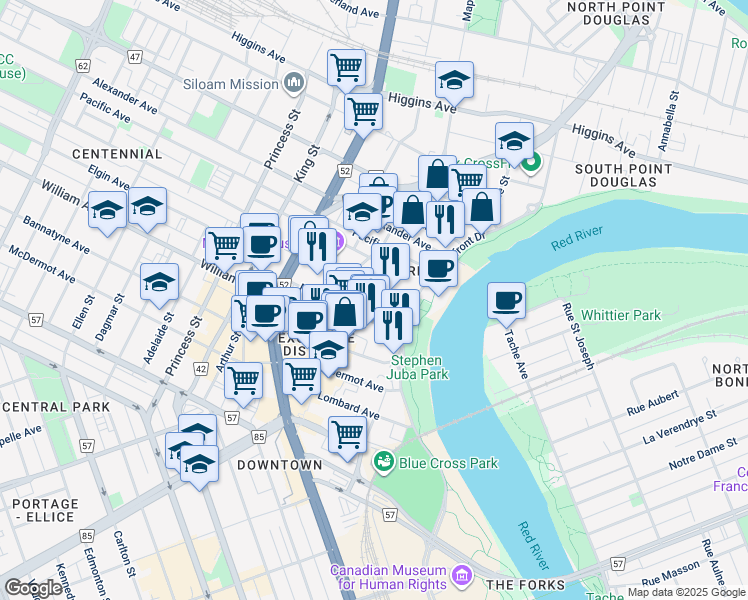 map of restaurants, bars, coffee shops, grocery stores, and more near 109 James Avenue in Winnipeg