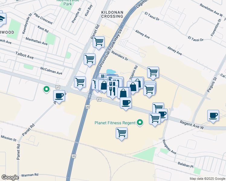 map of restaurants, bars, coffee shops, grocery stores, and more near 1575 Regent Avenue West in Winnipeg
