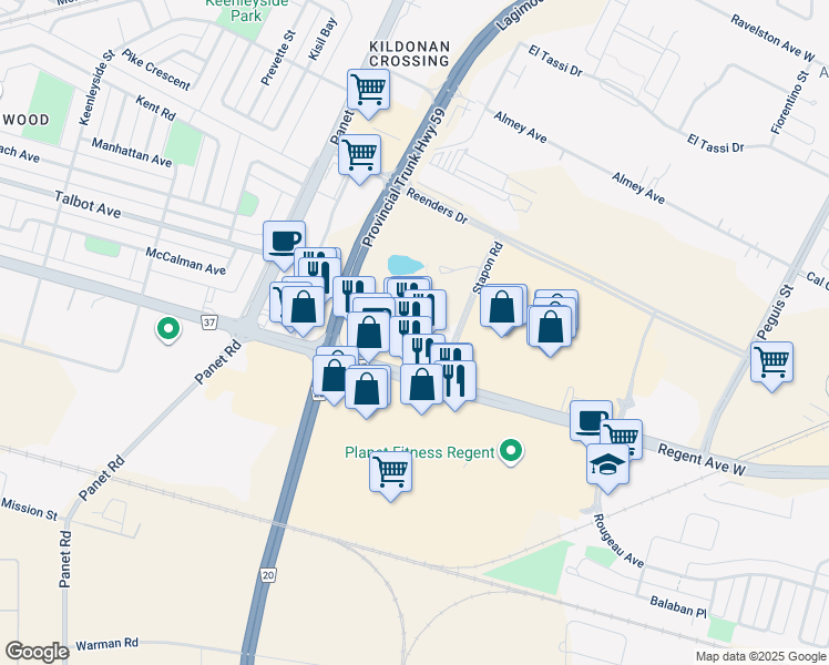 map of restaurants, bars, coffee shops, grocery stores, and more near 1575 Regent Avenue West in Winnipeg