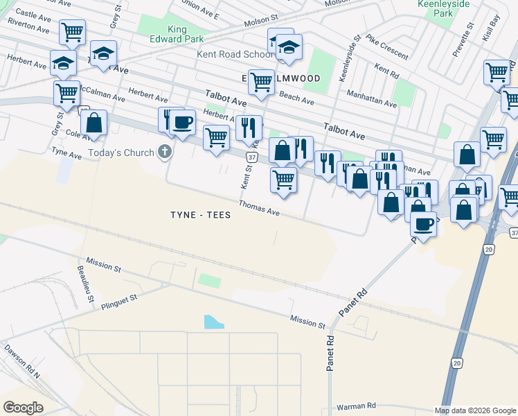 map of restaurants, bars, coffee shops, grocery stores, and more near Thomas Avenue in Winnipeg