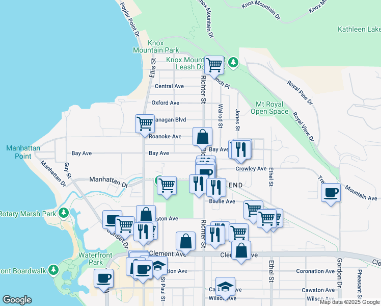 map of restaurants, bars, coffee shops, grocery stores, and more near 652 Bay Avenue in Kelowna