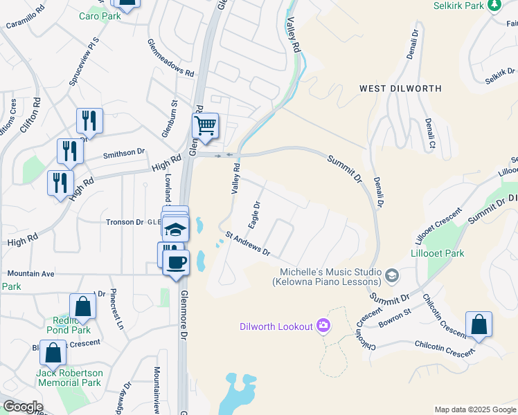 map of restaurants, bars, coffee shops, grocery stores, and more near 925 Eagle Drive in Kelowna