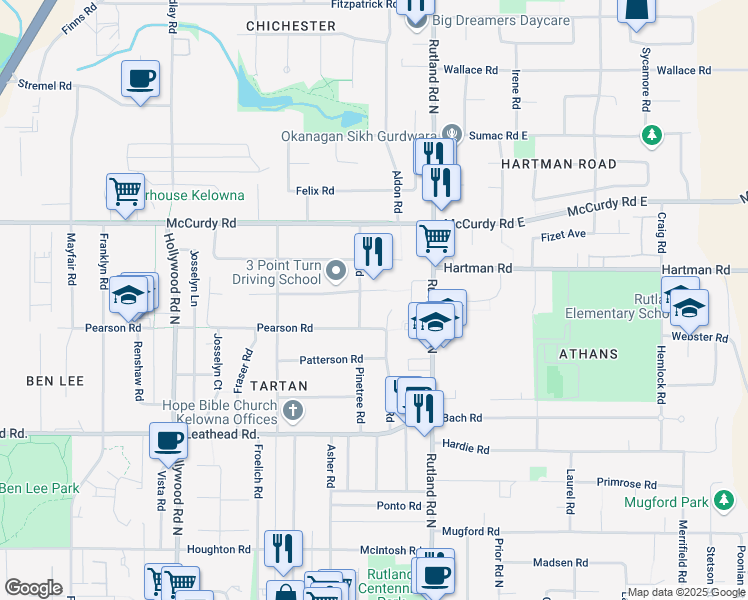 map of restaurants, bars, coffee shops, grocery stores, and more near 215 Eugene Road in Kelowna