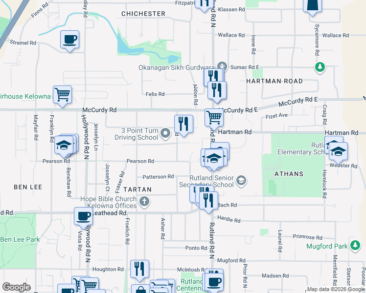map of restaurants, bars, coffee shops, grocery stores, and more near 215 Eugene Road in Kelowna