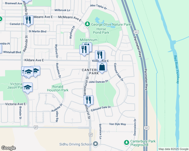 map of restaurants, bars, coffee shops, grocery stores, and more near 24 William Gibson Bay in Winnipeg