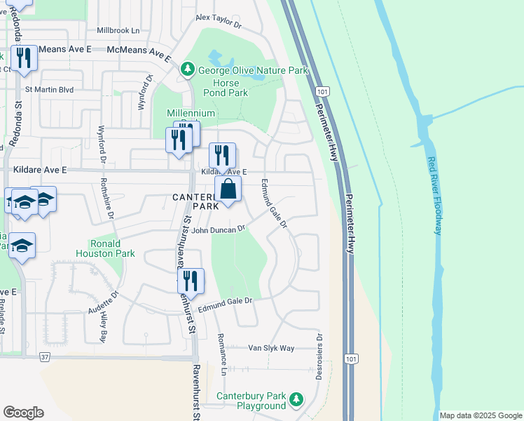 map of restaurants, bars, coffee shops, grocery stores, and more near 54 Edmund Gale Drive in Winnipeg