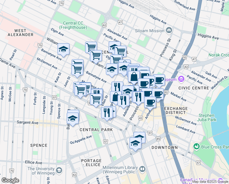 map of restaurants, bars, coffee shops, grocery stores, and more near 95 Ellen Street in Winnipeg
