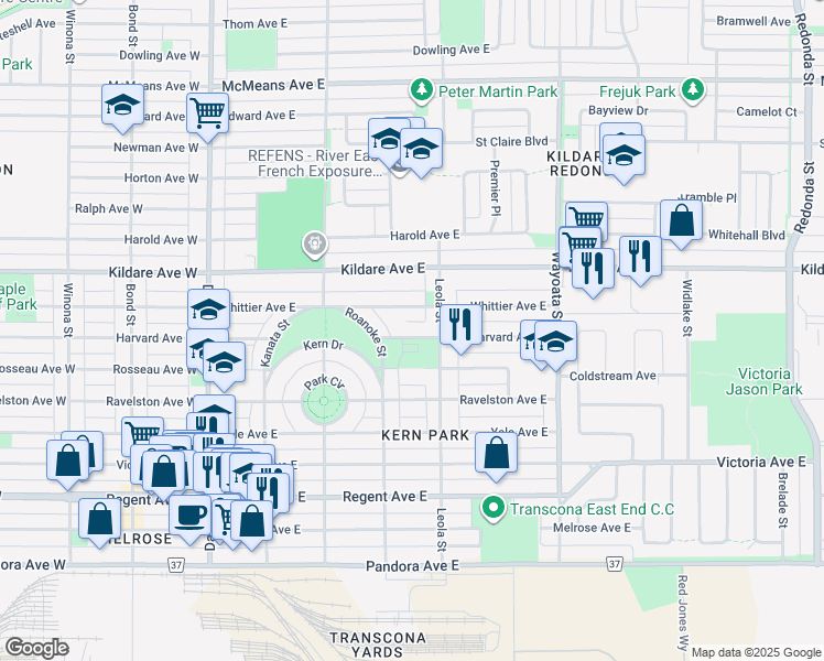 map of restaurants, bars, coffee shops, grocery stores, and more near 429 Harvard Avenue East in Winnipeg