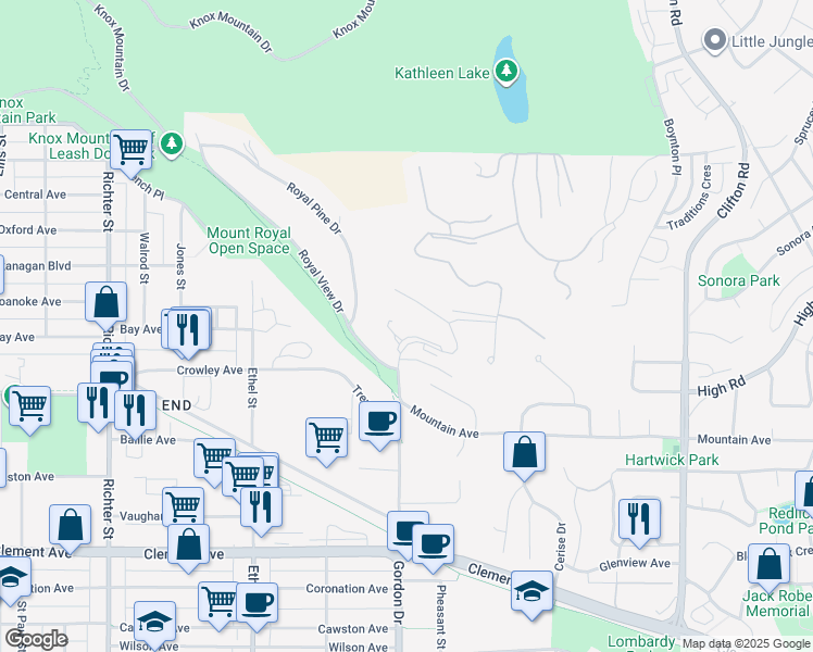 map of restaurants, bars, coffee shops, grocery stores, and more near 896 Mount Royal Drive in Kelowna