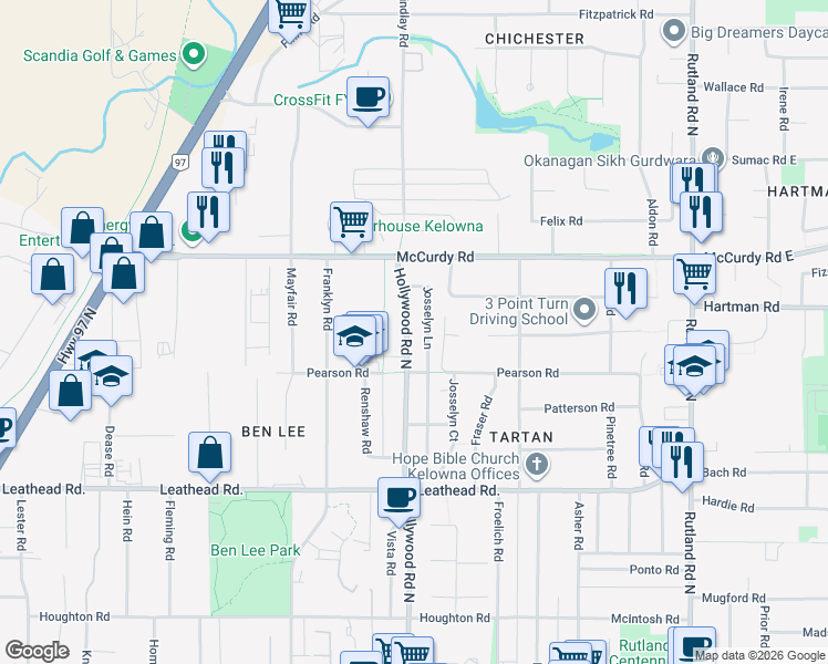 map of restaurants, bars, coffee shops, grocery stores, and more near 851 Hollywood Road North in Kelowna