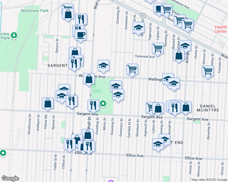 map of restaurants, bars, coffee shops, grocery stores, and more near Downing Street in Winnipeg