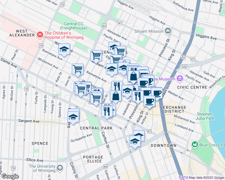 map of restaurants, bars, coffee shops, grocery stores, and more near 95 Ellen Street in Winnipeg