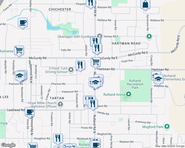 map of restaurants, bars, coffee shops, grocery stores, and more near 182 Pearson Road in Kelowna