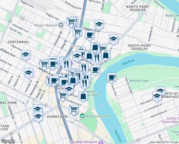 map of restaurants, bars, coffee shops, grocery stores, and more near in Winnipeg