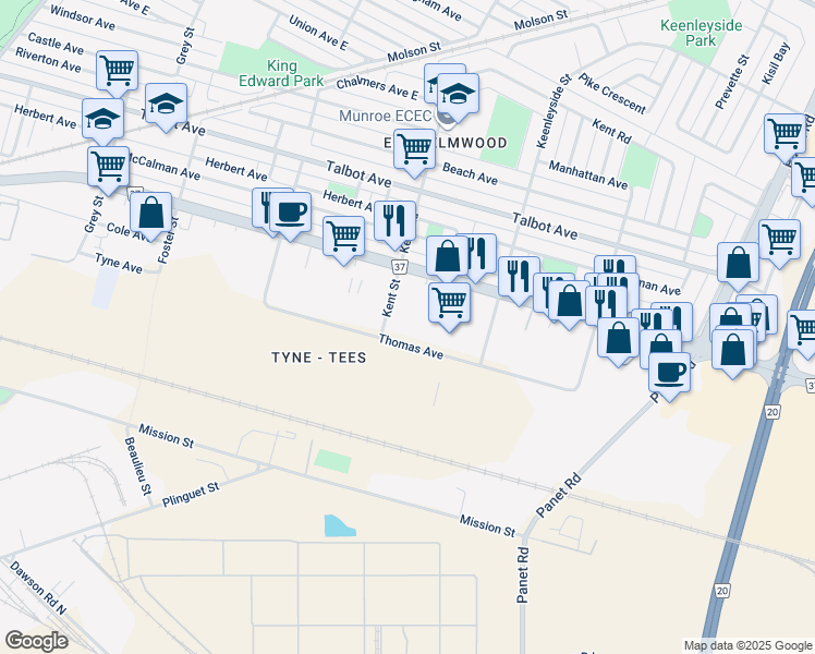 map of restaurants, bars, coffee shops, grocery stores, and more near 975 Thomas Avenue in Winnipeg